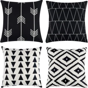 onchicllc Geometric Throw Pillow Covers Set of 4, 18x18 Inch Modern Cotton Linen Cushion Covers for Sofa and Bed, Black