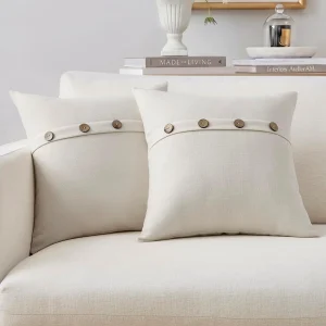 onchicllc Linen Blend Throw Pillow Covers Set of 2, 18x18 Inch Decorative Cushion Covers with Button Accents, Ivory