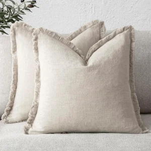 onchicllc Linen Fringe Throw Pillow Covers Set of 2, 18x18 Inch Textured Decorative Cushion Covers with Tassel Trim, Natural Beige