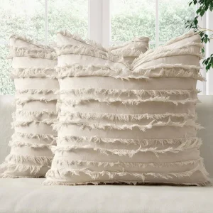 onchicllc Linen Striped Throw Pillow Covers Set of 2, 18x18 Inch Textured Neutral Cushion Covers for Sofa, Natural Beige