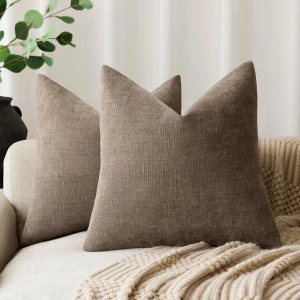 onchicllc Solid Textured Chenille Throw Pillow Covers Set of 2, 18x18 Inch Soft Neutral Cushion Covers, Taupe Grey